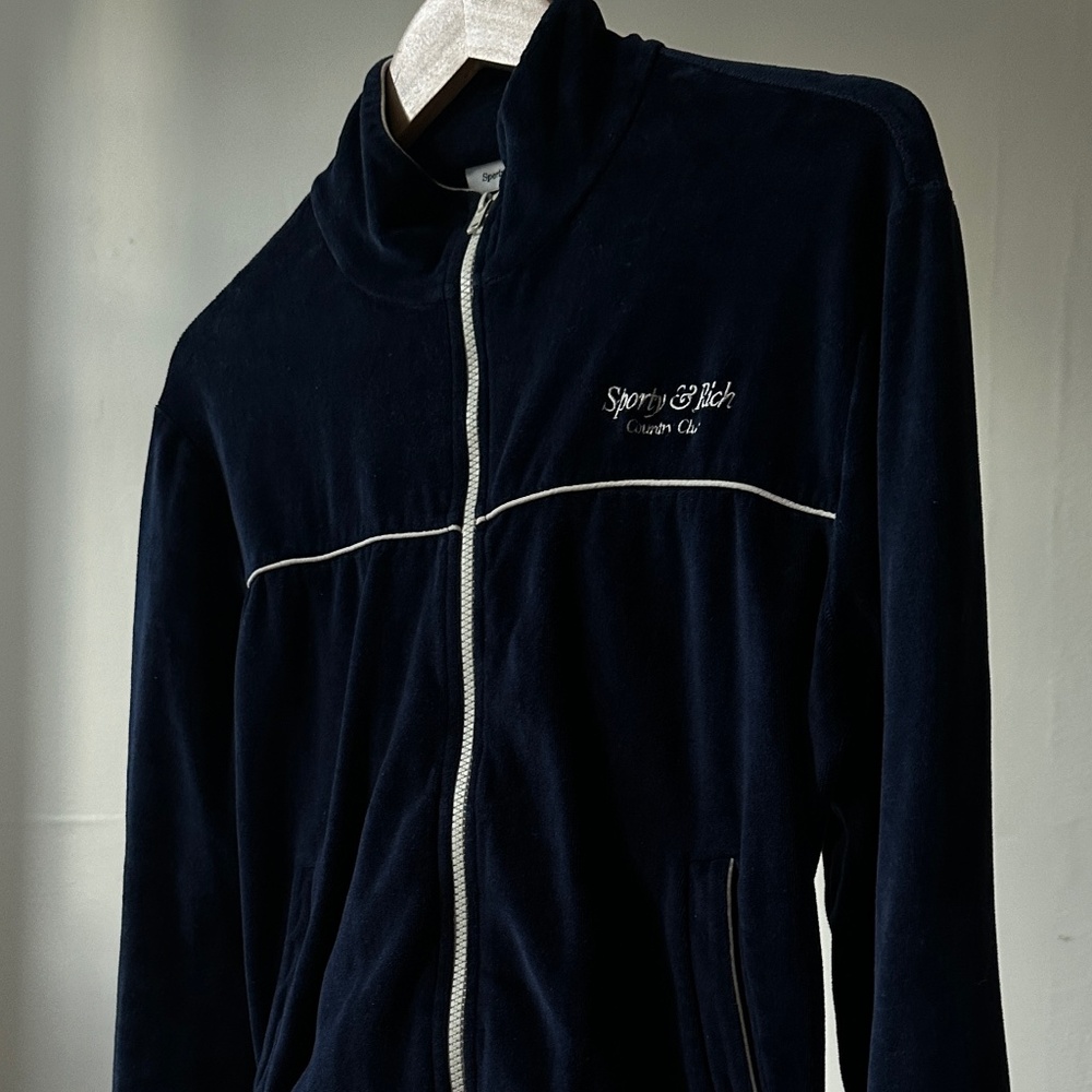 Sporty & Rich Script Cotton Velour Track Jacket - Navy Blue/Cream M